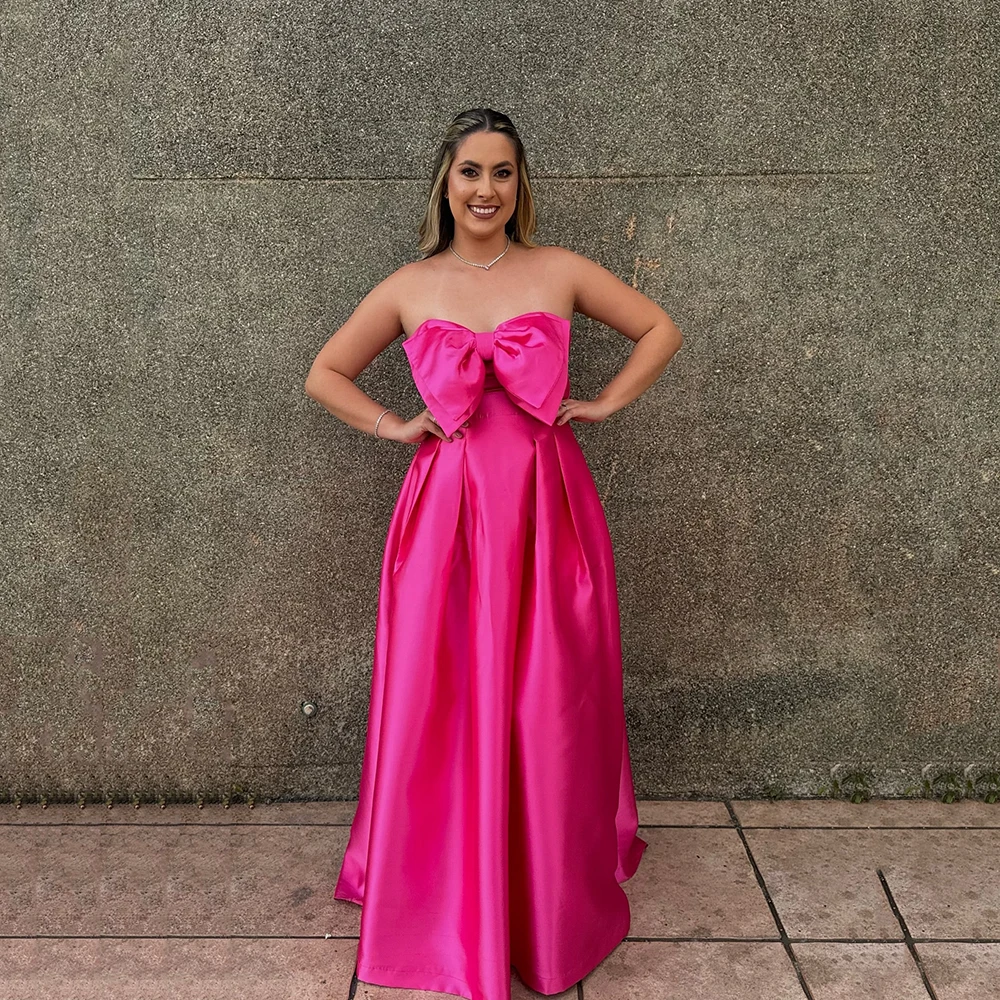

Msikoods Pink Evening Dresses 2025 Prom Dress Strapless Bow Satin Birthday Dress Floor Length A Line Party Dresses Customized