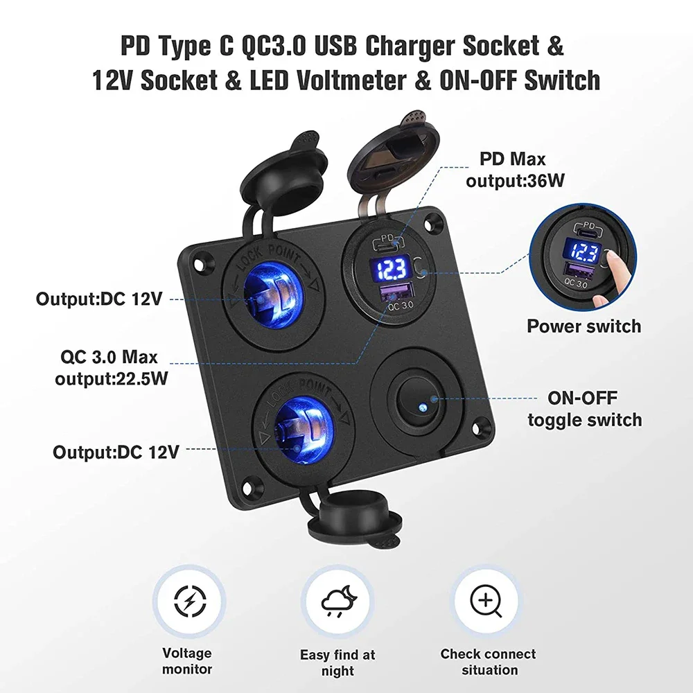 Panel 4 en 1 QC 3,0 PD cargador de coche USB con voltímetro LED, enchufe de encendedor de cigarrillos, interruptor de palanca basculante para camión