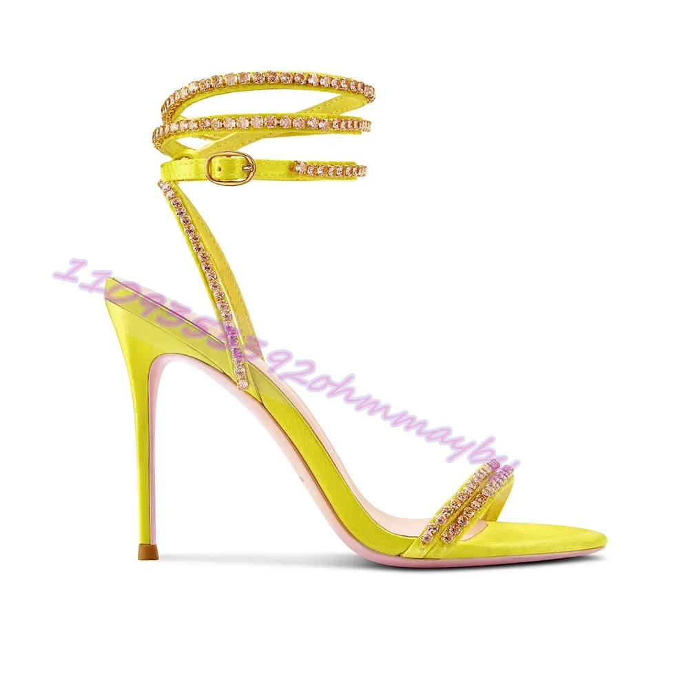 

Rhinestone Yellow High Heels Summer Open Toe Ankle Wrap Stiletto Sandals Fashion Party Evening Dress Shoes Women'S Zapatos Mujer