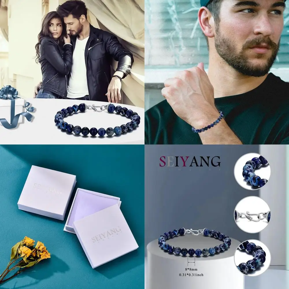 

8mm Natural Stone Beaded Bracelet for Men with Sterling Silver Hooks and Gift Box