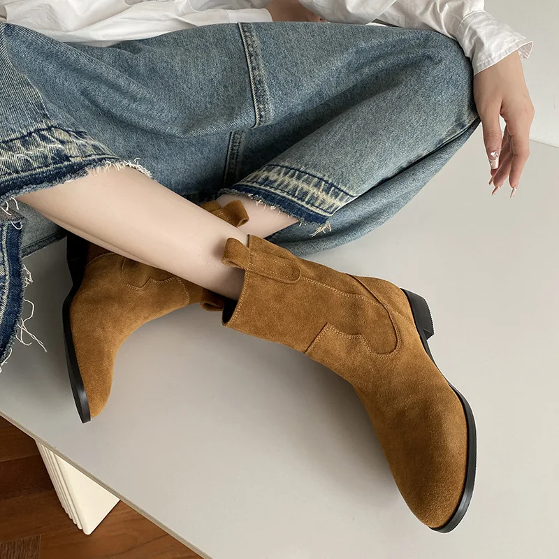 Arden Furtado Autumn Cow suede Short boots Round toe pull-on Low heel Chelsea boots simple style Commuter Women's Boots