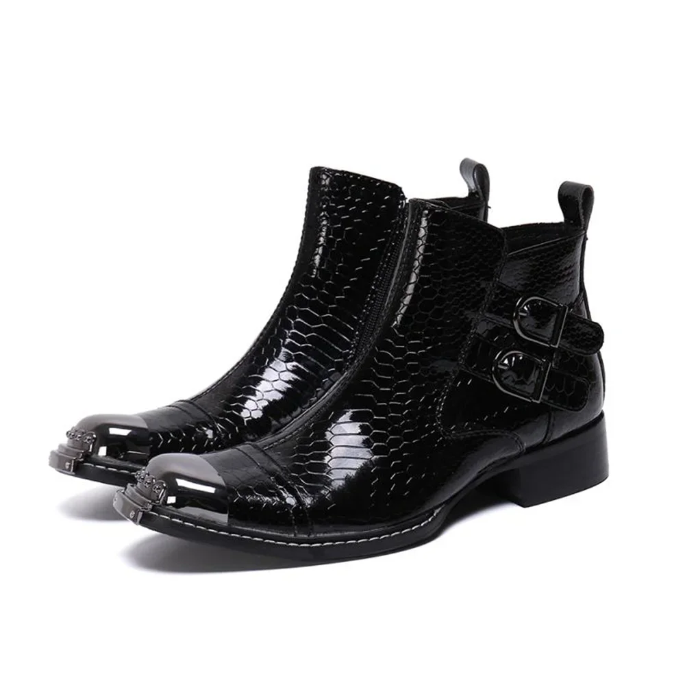 Black Patent Leather High Heels Pointed Toe Buckle With Metal Zipper Boots Male Plus Size Fashion Party Cowboy Dress Shoes