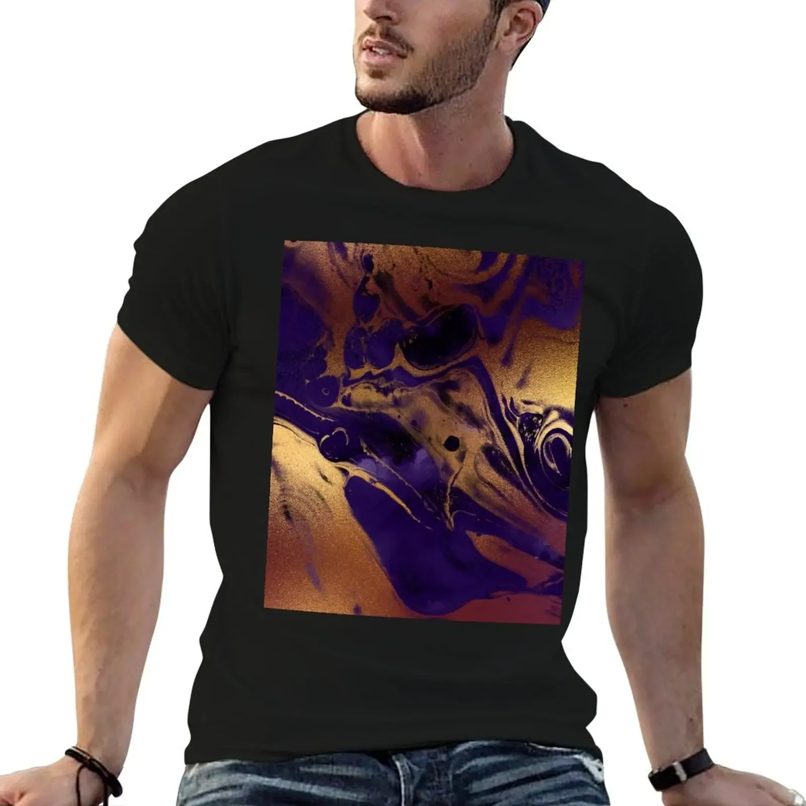 

Dark Purple Ink Faux Marble Texture with Gold Veins T-Shirt oversized plus sizes blacks t shirts for men cotton