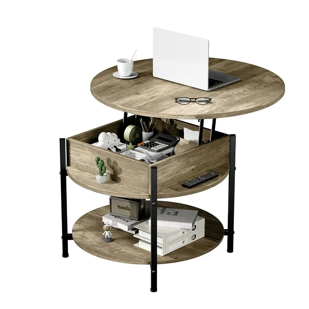 

Modern Coffee Table With Lifting Tabletop And Hidden Compartment, Mid Central Table With Open Storage Shelf And Adjustable Foot