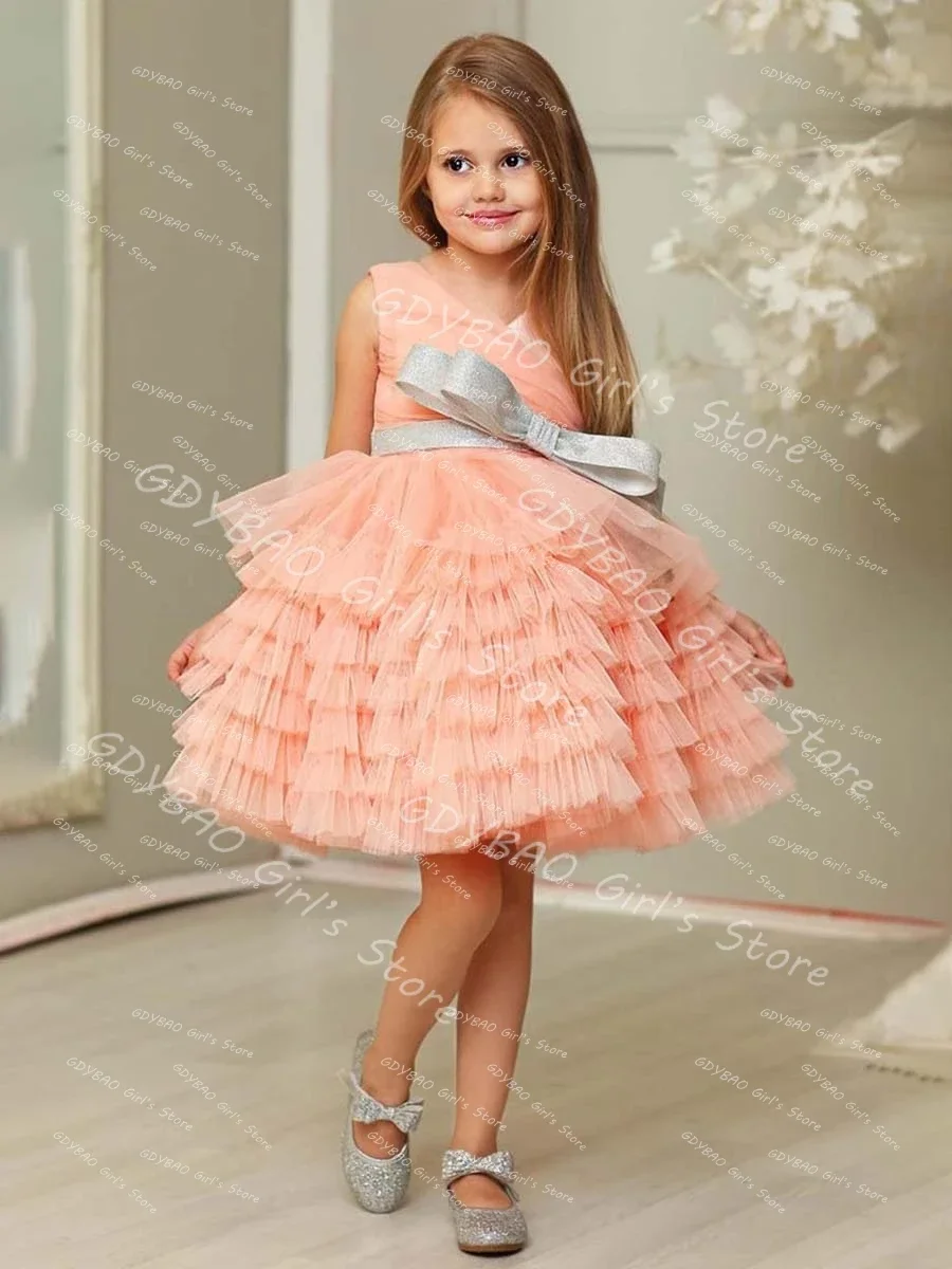 فستان حفلات للفتيات منفوش مع وشاح فيونكة متدرج توتو الأميرة فستان حفلات بطول الركبة للأطفال مخصص لحفلات الزفاف فستان فتاة الزهور