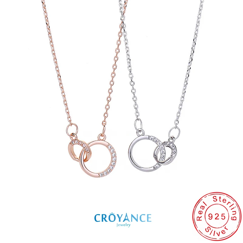 925 Sterling Silver Jewelry Fashion Fine Double Round Pendant Neckalce For Women Rose Gold Semi Circle Rhinestone Clavicle Chain