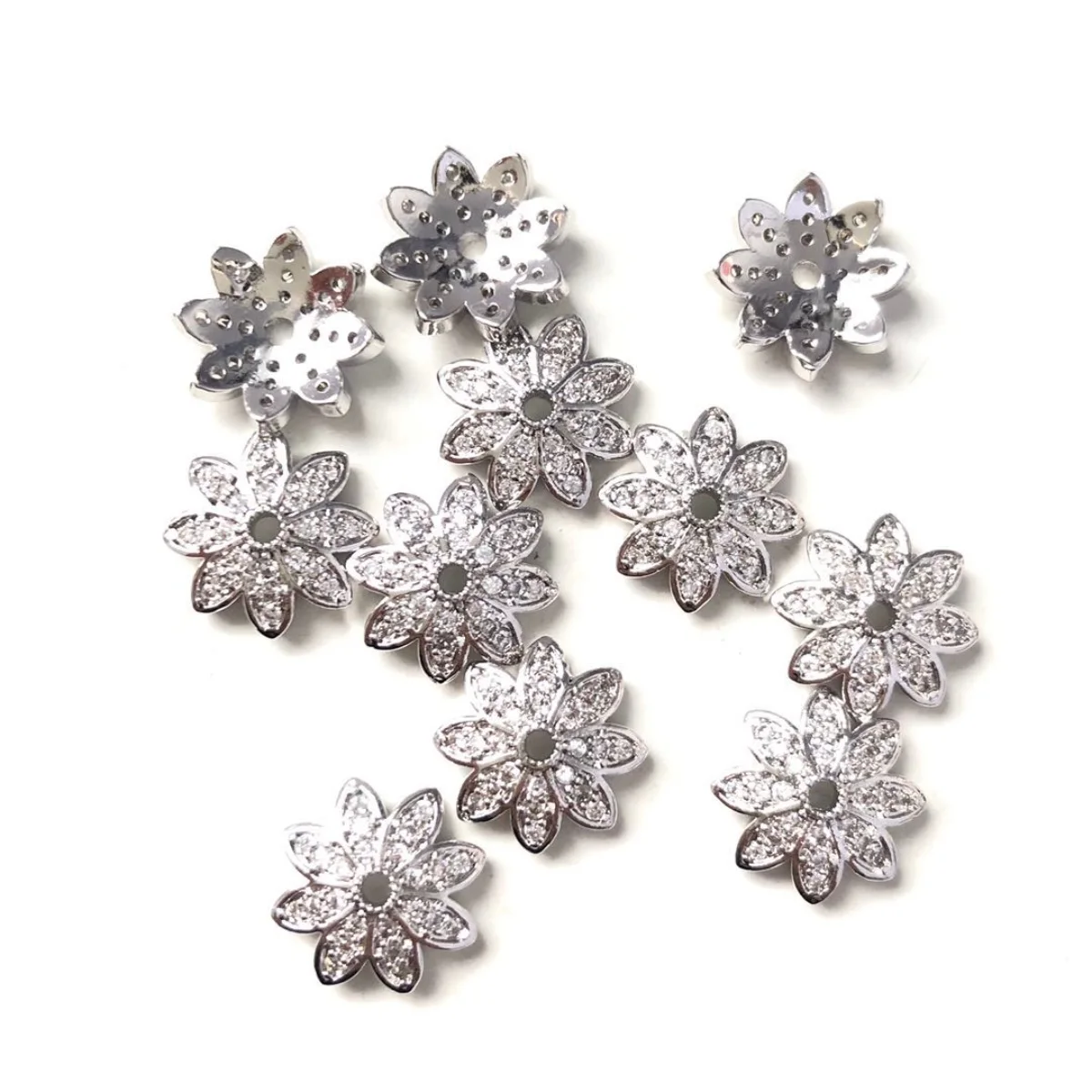 20pcs/lot 10.9mm Flower Spacer Beads Caps for Girl Bracelet Making Cubic Zirconia Micro Pave Gold-Plate Jewelry Accessory Supply