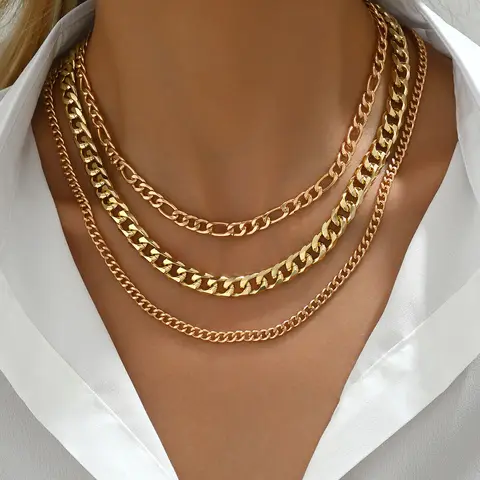 3 Layer Gold Curb Chain Layering Necklace Chunky Thin Mixed Link Stackable Dainty Women Statement Daily Necklaces