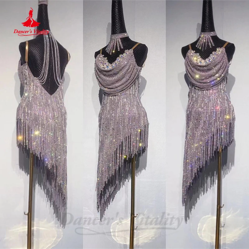 Latin Dance Competition Dress for Women Customsized Floral Clothing New Female Crystal Adult High-end Tassel Skirt Latin Dresses