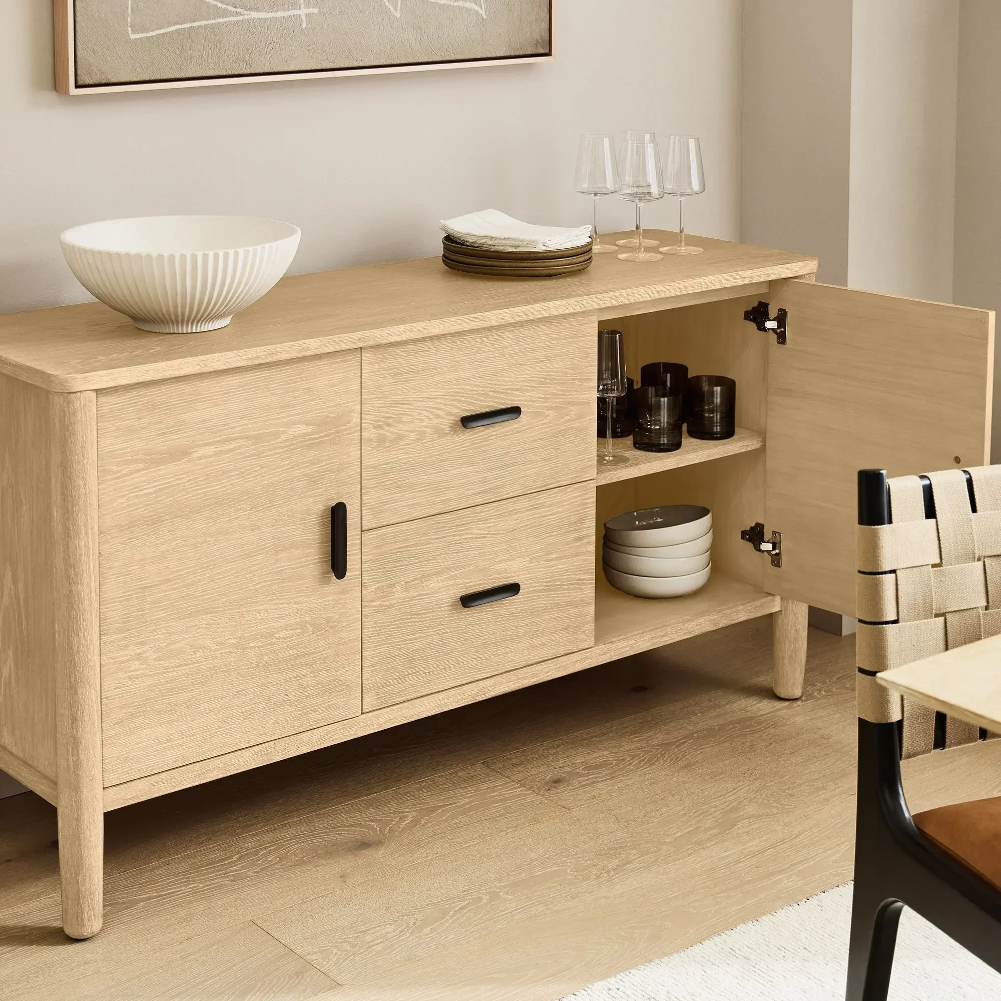 

Nordic Log Style Oak Buffet Side Cabinets Simple Mid-Century Modern Cabinets Lockers