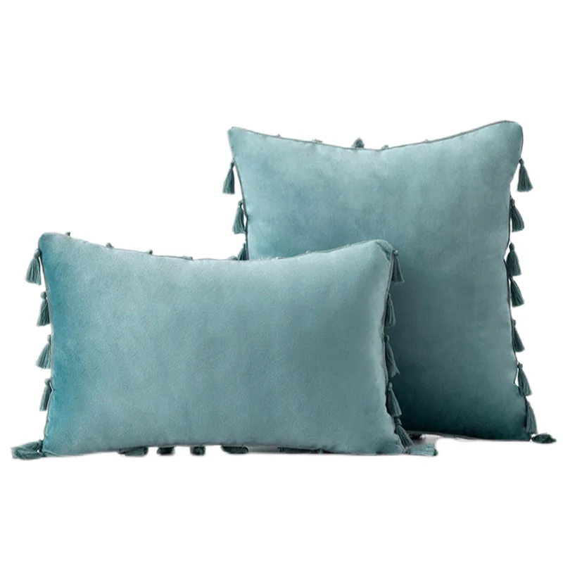

Water Blue Velvet Soft Solid Decorative Throw Pillow Cover with Tassels Fringe Boho Cushion Case for Couch Sofa Bed