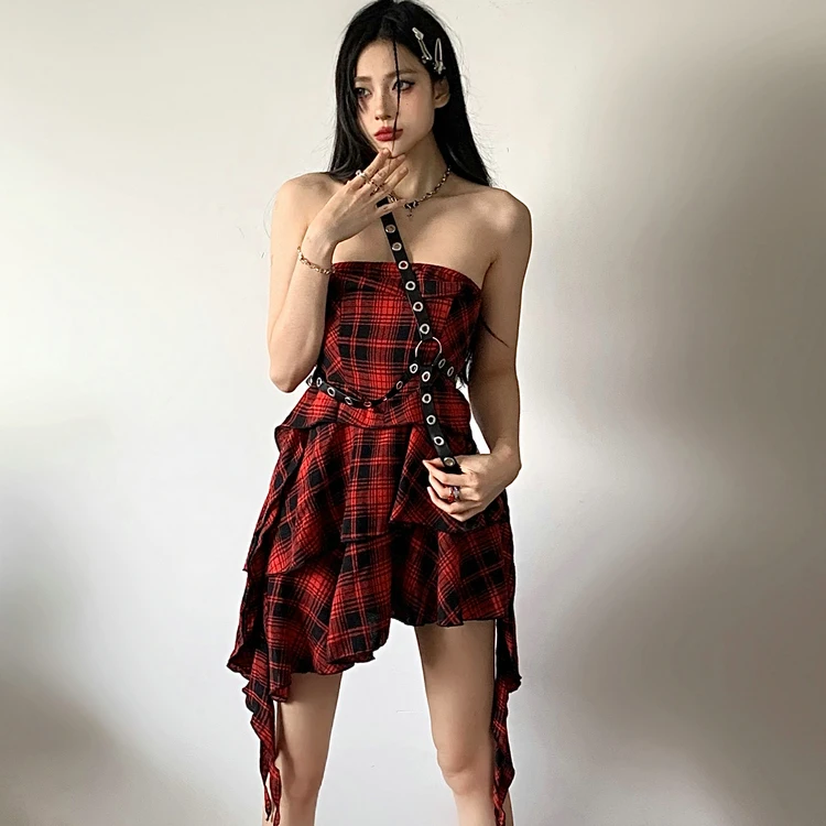 

Dark Sexy Girl Skater Dress Irregular Plaid Women's Street Dance Student Performance Clothes Summer Healthy Fabric Jazz Dance