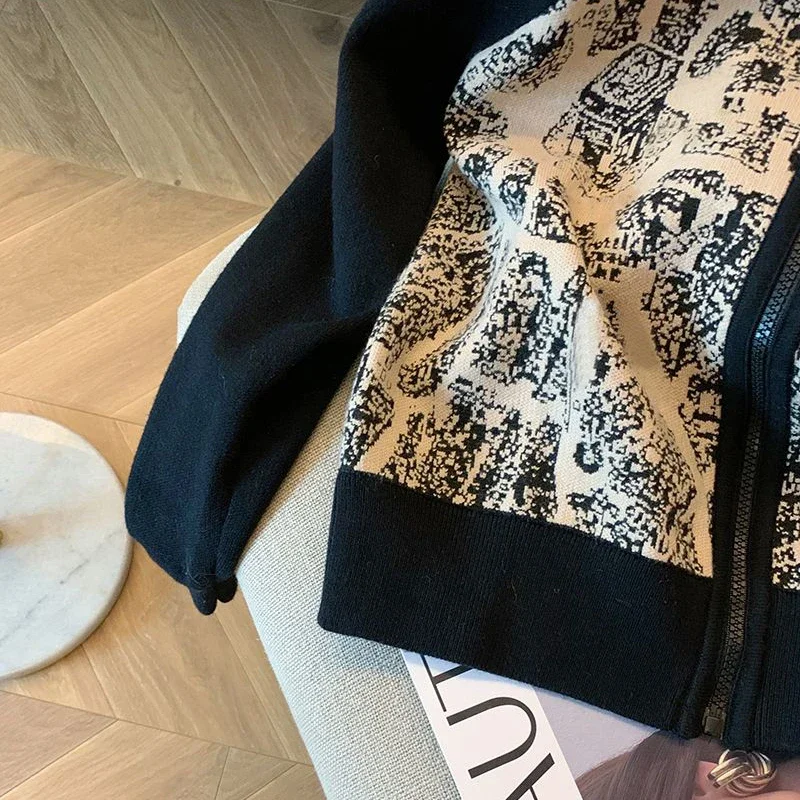 French style contrast heavy industry embroidery stand collar zipper sweater cardigan women\'s autumn loose casual knitted coat