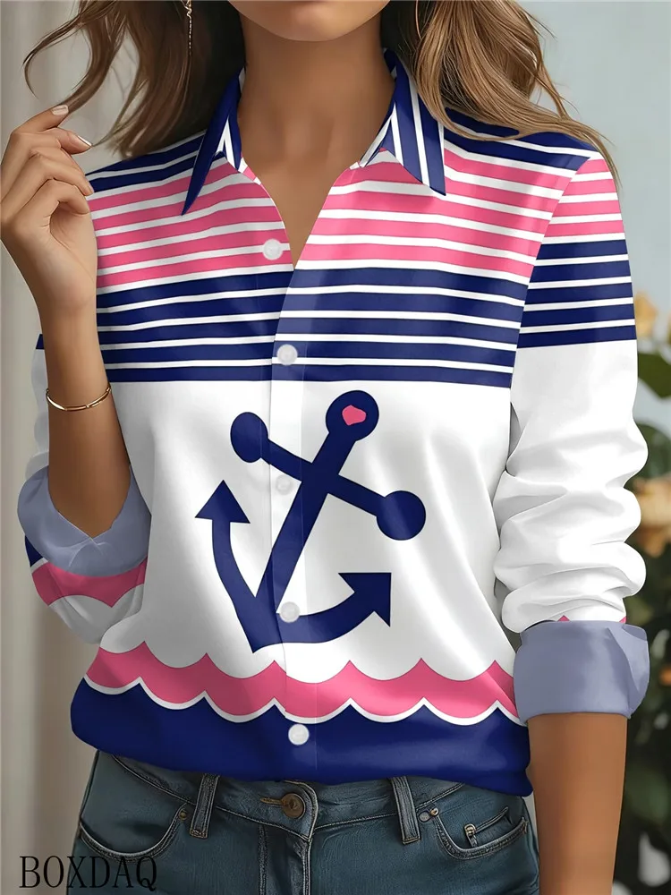 New Women's Autumn Blouse Casual Long Sleeved Lapel Single Breasted Ocean 3D Boat Anchor Printed Loose Shirts Women's Clothing