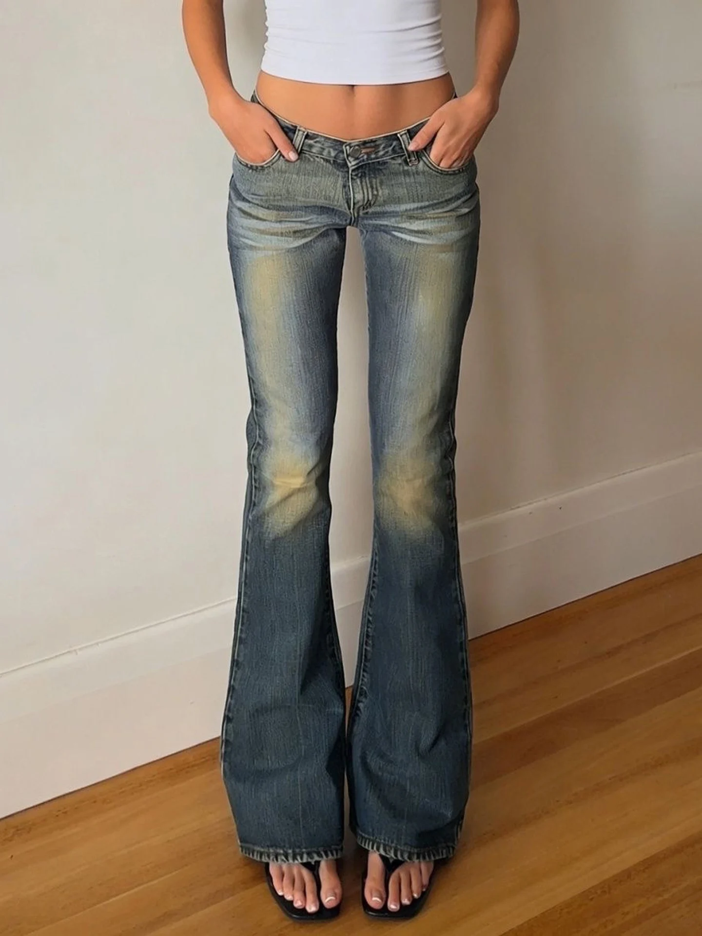 Retro American Washed Bell Bottom Jeans Women's Slimming Versatile Low Waist Elastic Stretchy Floor Length  Hoof Pants