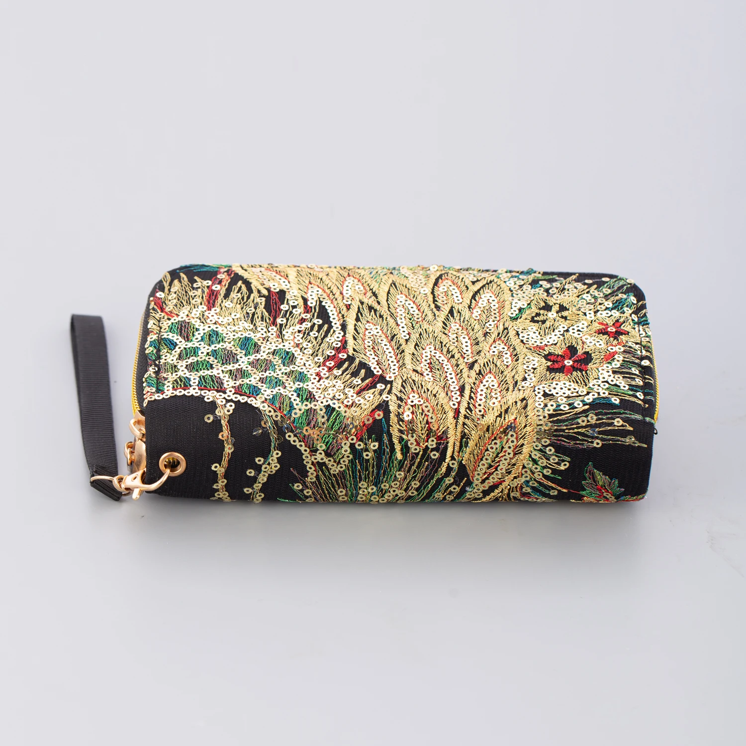 Stylish Dual-sided Embroidery Wallet with Intricate Peacock Design and Long Zipper Pocket for Cash and Mobile