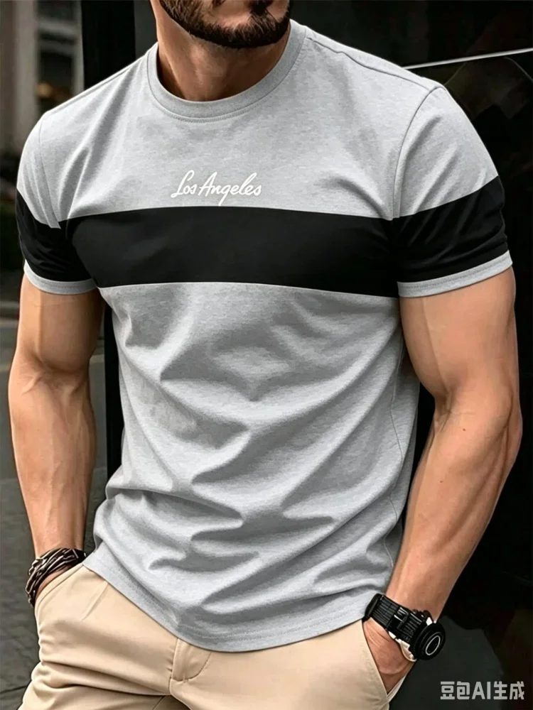 Fashion New Men's LA Script Graphic T Shirt 3D Stripe Print Short Sleeve Top Daily Casual T-shirt Trend Street Style Man Clothes