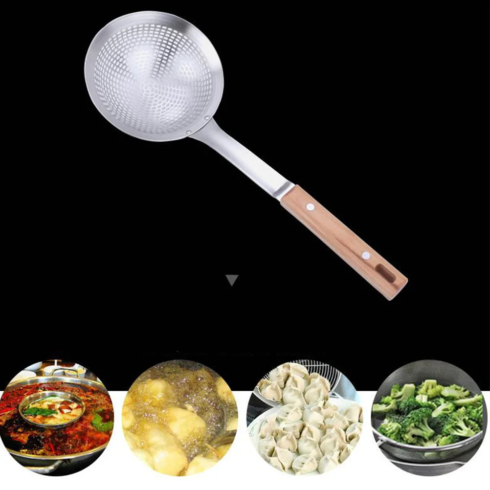 

Stainless Steel Hot Pot Spoon Drain Kitchen Utensil Noodles Spaghetti Spoons Wooden Handle Colander