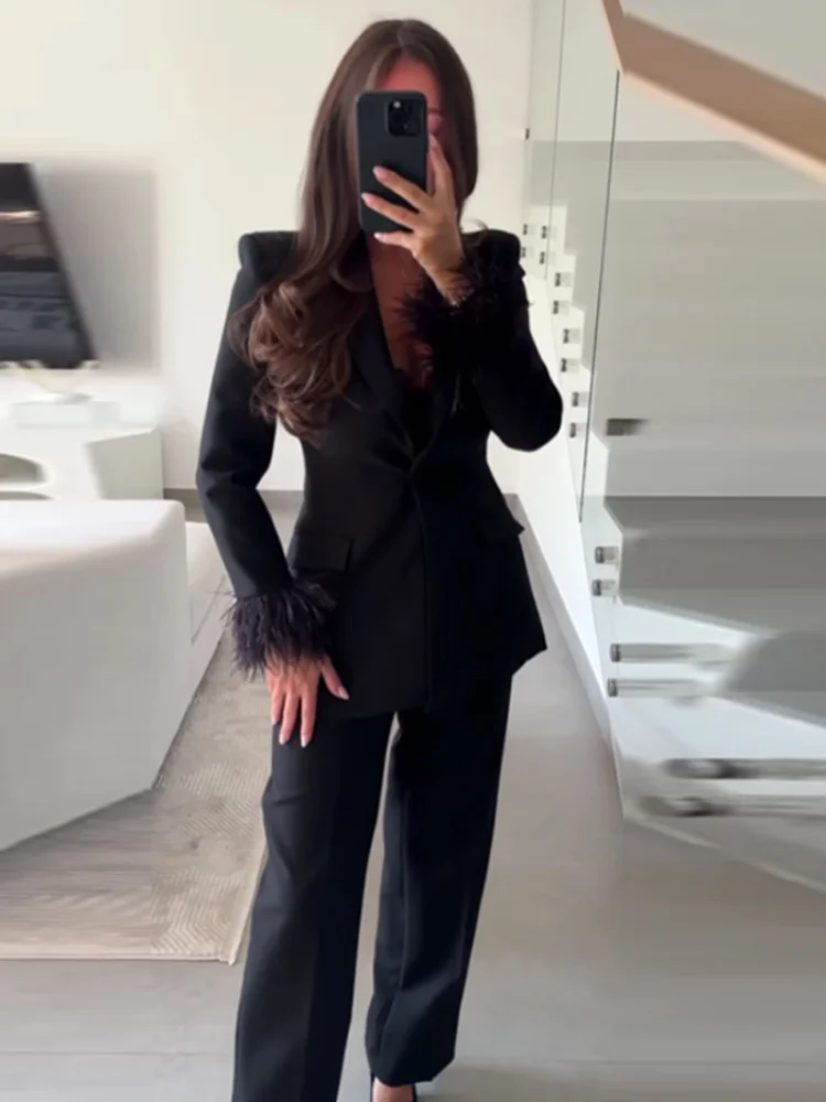 أزياء الصلبة مطوي السراويل الطويلة مجموعات للنساء كم كامل الخامس الرقبة بلوزة واحدة الصدر واسعة الساق السراويل سيدة 2 قطع مجموعات #5