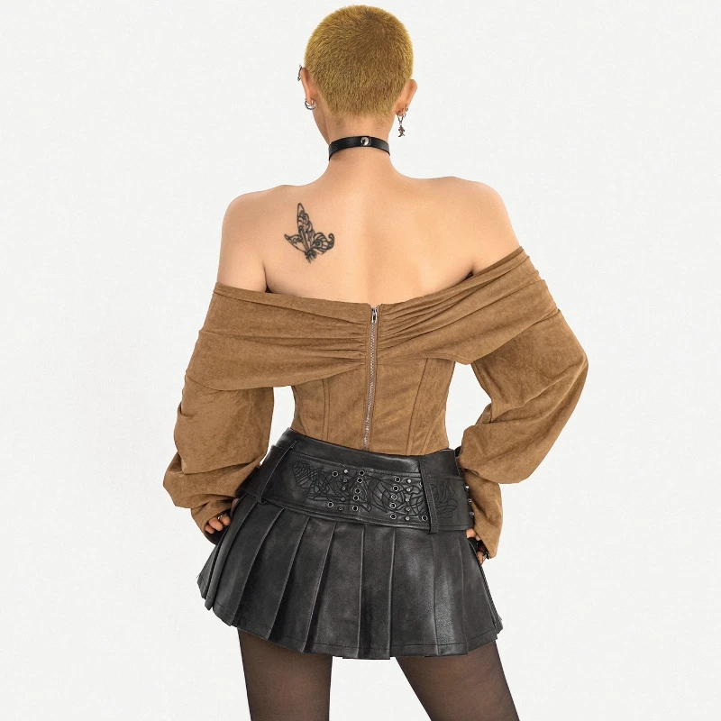 Gothic Retro Hot Girl Sexy Off-Shoulder Fishbone Women's Tube Top 2025 Autumn New Design Tie Slimming Long Sleeve Shirts Ladies