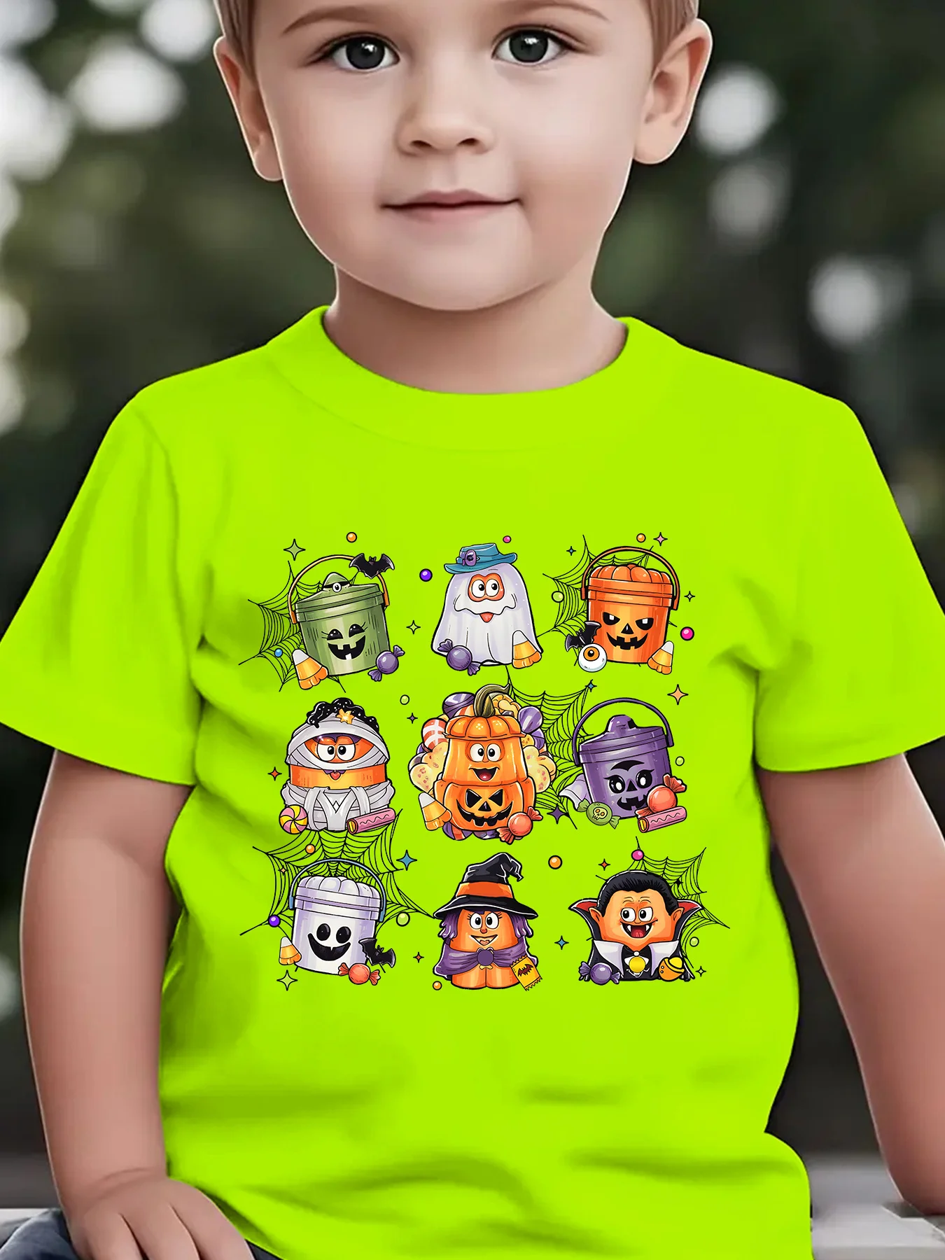 Halloween Summer Fashion Children's T-shirt Pumpkin Spider Web Vampire Candy Element Printed Outdoor Casual Parent Child Top