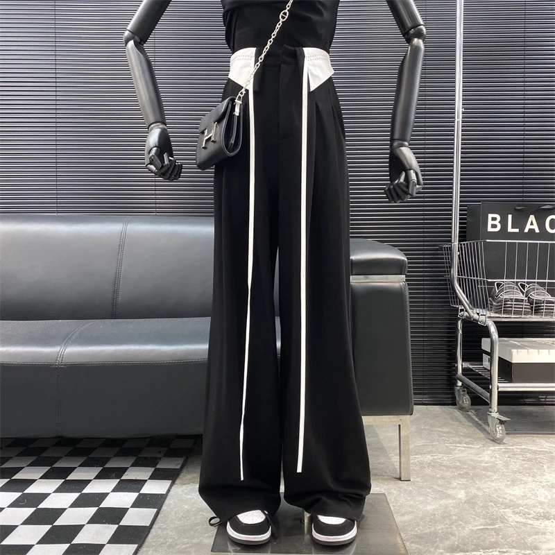 New 2022 Designer new style Famous brand Women Splicing Open line High waist suit pants Loose Straight cylinder casual pants