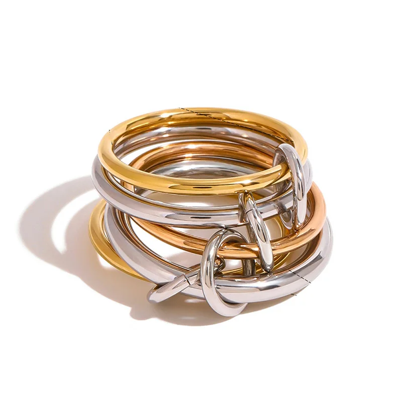 

XINYI Stainless Steel 3 Colors 5 Links Stacked Rings PVD Real Gold Plated Jewelry