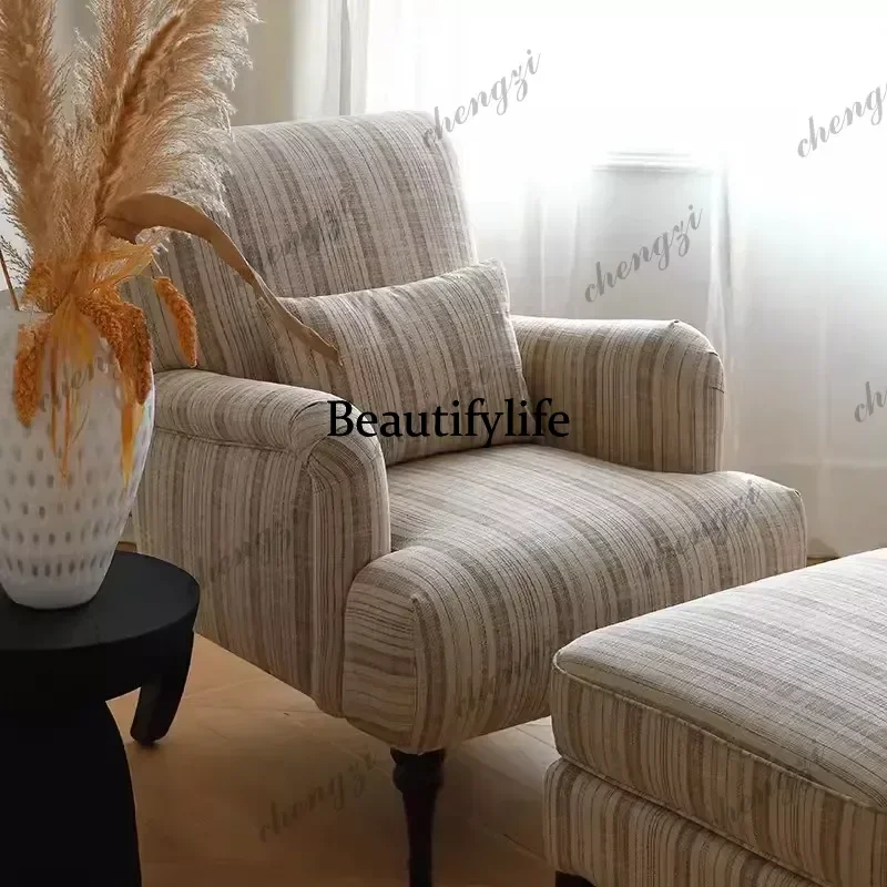 Retro French simple striped high backrest cotton and linen fabric single sofa chair m138
