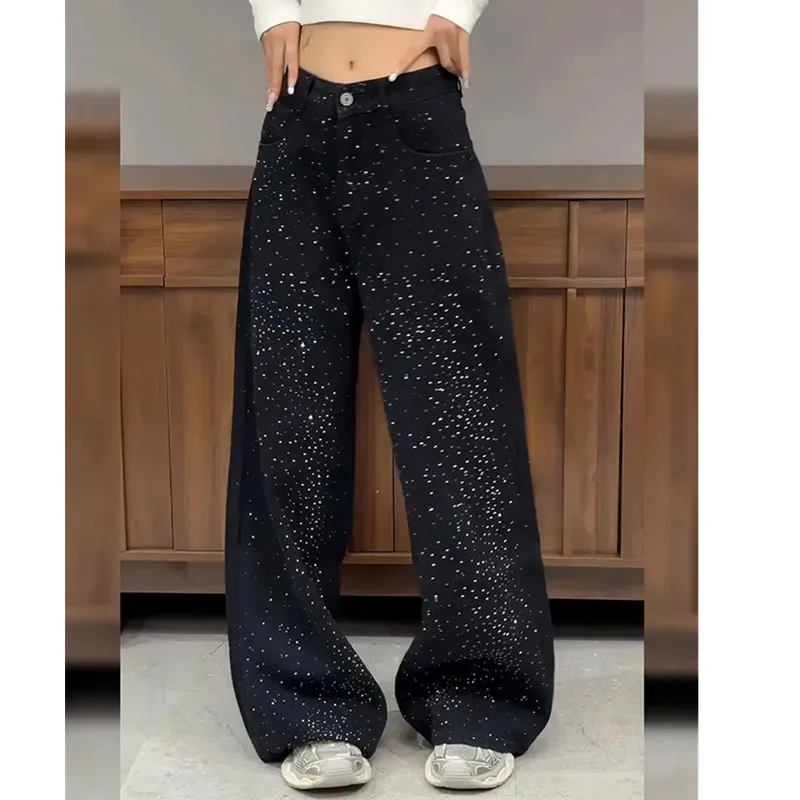 Retro Sparkling Starry Hot stamping Jeans Women's Design sense High waist Loose Casual Denim Pants Women Spicy girl Streetwear