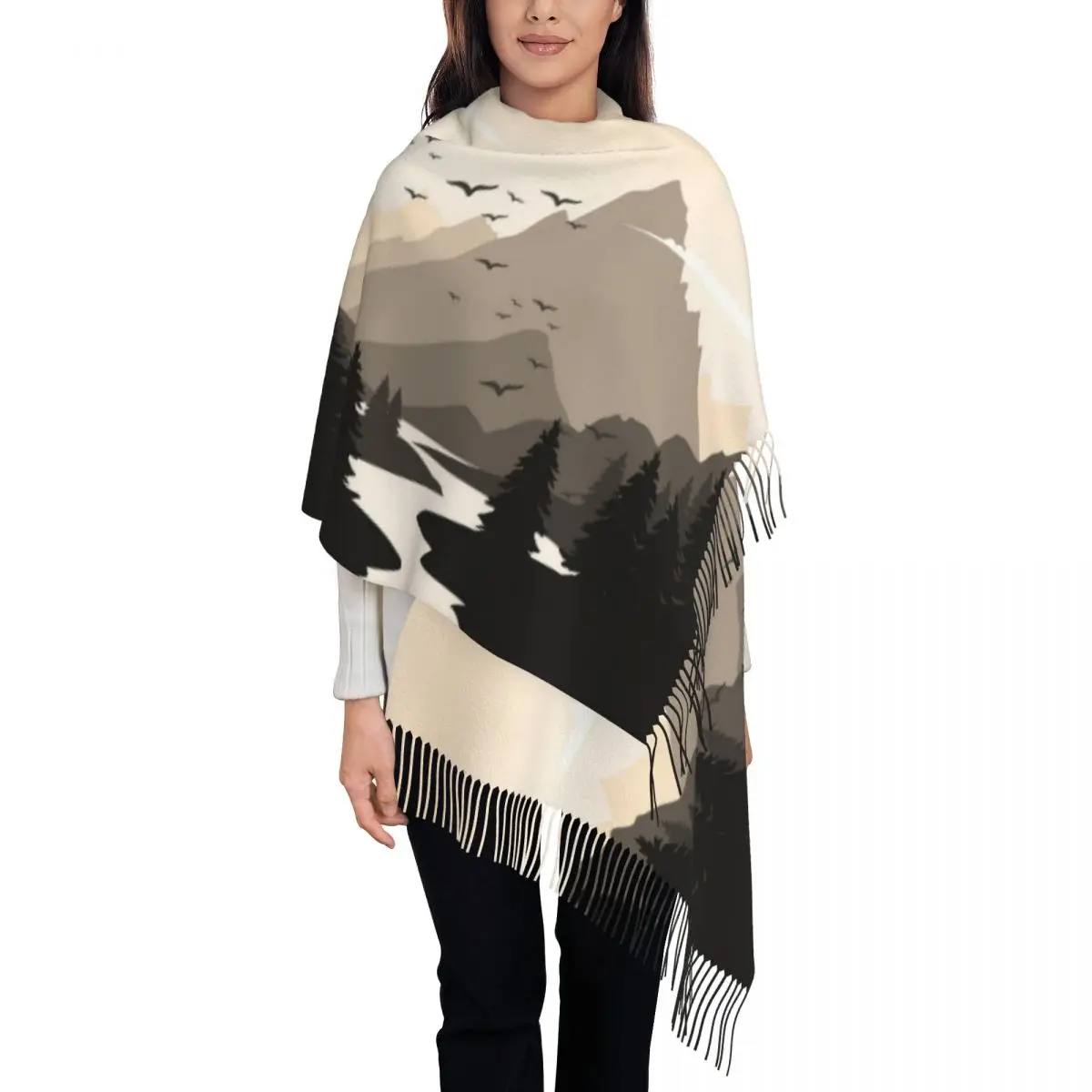 Custom Natural Landscapes Forest Mountain Scarf Wrap for Women Long Winter Fall Warm Tassel Shawl Unisex Scarves