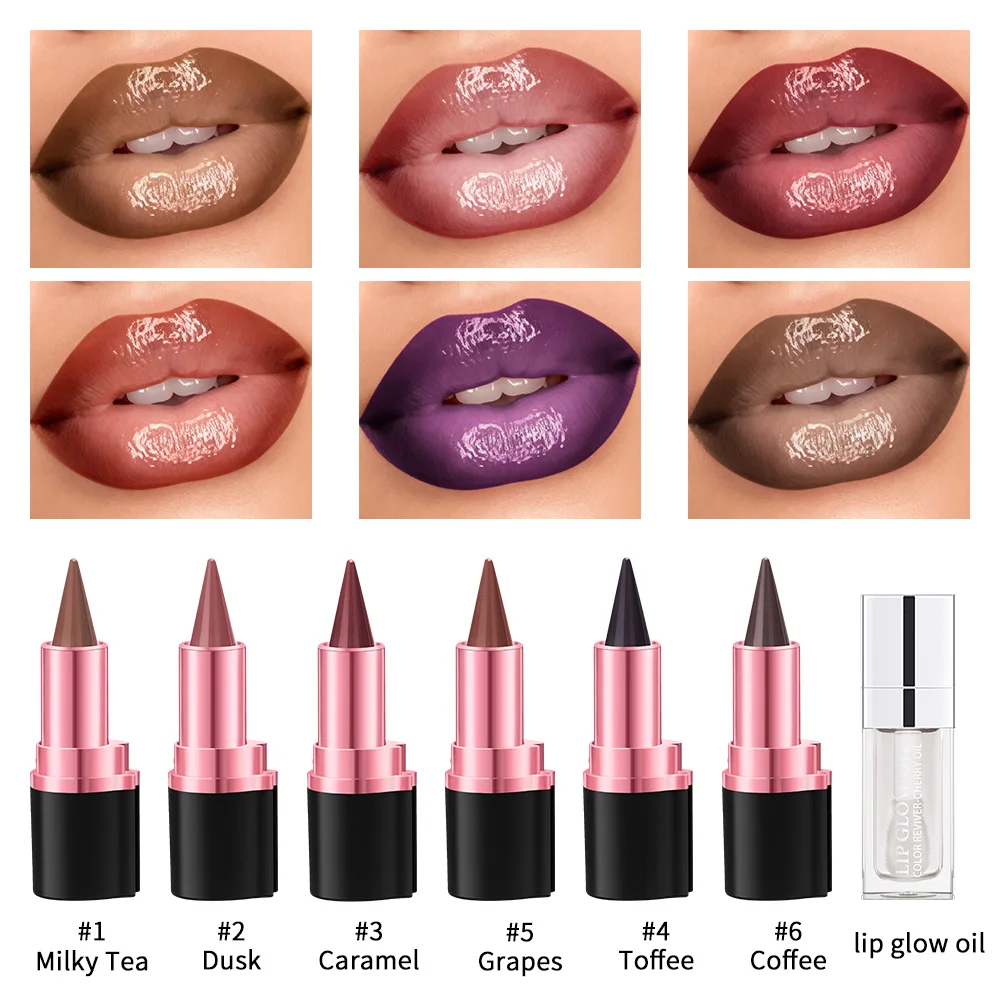 Conjunto de brilho labial e delineador labial, brilho labial hidratante de longa duração, contorno de manchas para todos os estilos de maquiagem, kit de cosméticos labiais femininos