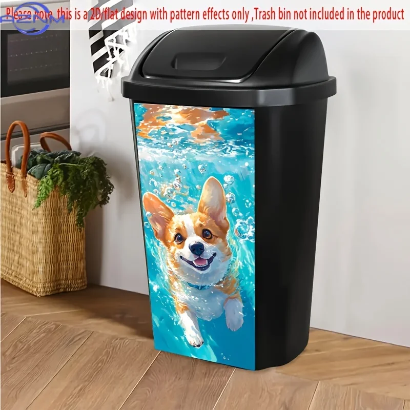 1pc 2D/Flat trash can sticker, .01*cm, swimming corgi dog design, adorable pet waterproof trash bin sticker, creative trash ca