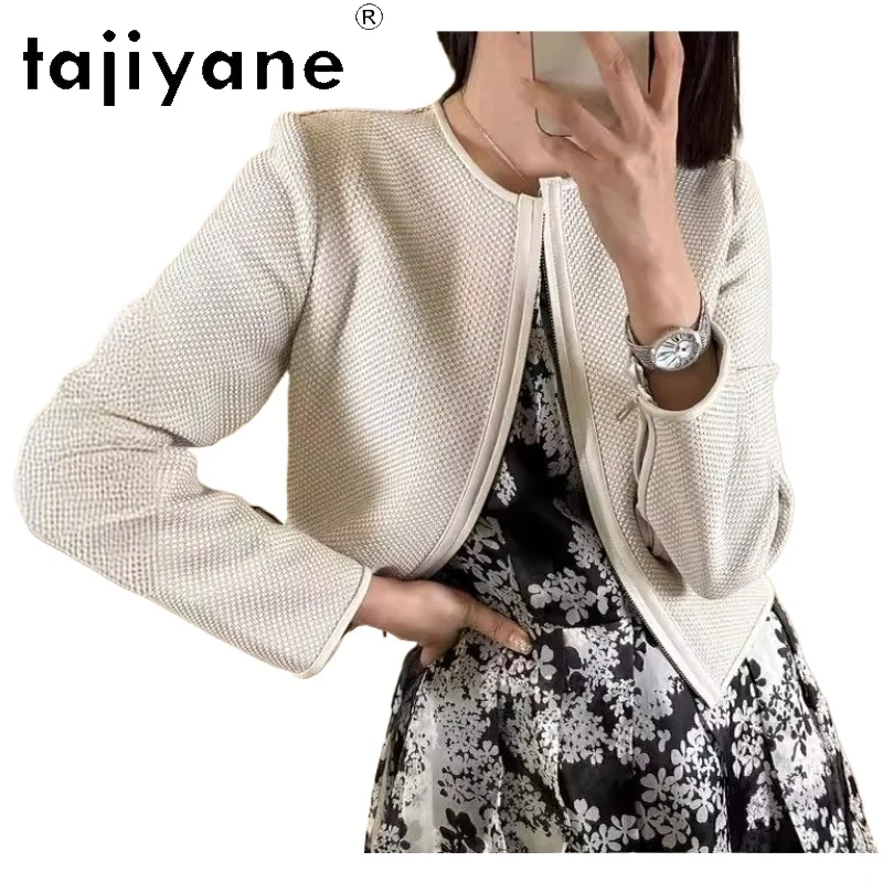TAJIYANE Genuine Leather Jacket Women Winter Coats Woven Sheepskin Outerwear Short Jackets Round Neck Leather Coat 2026 Jaqueta