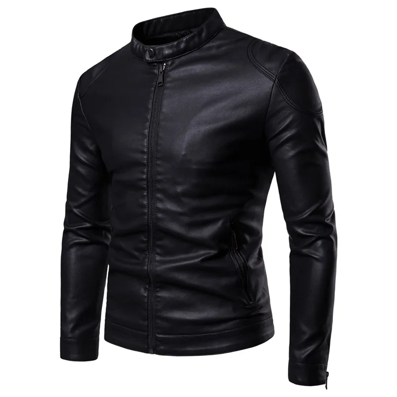 New men's solid color standing collar slim men's leather jacket fashion pure black long-sleeved coat leather clothes