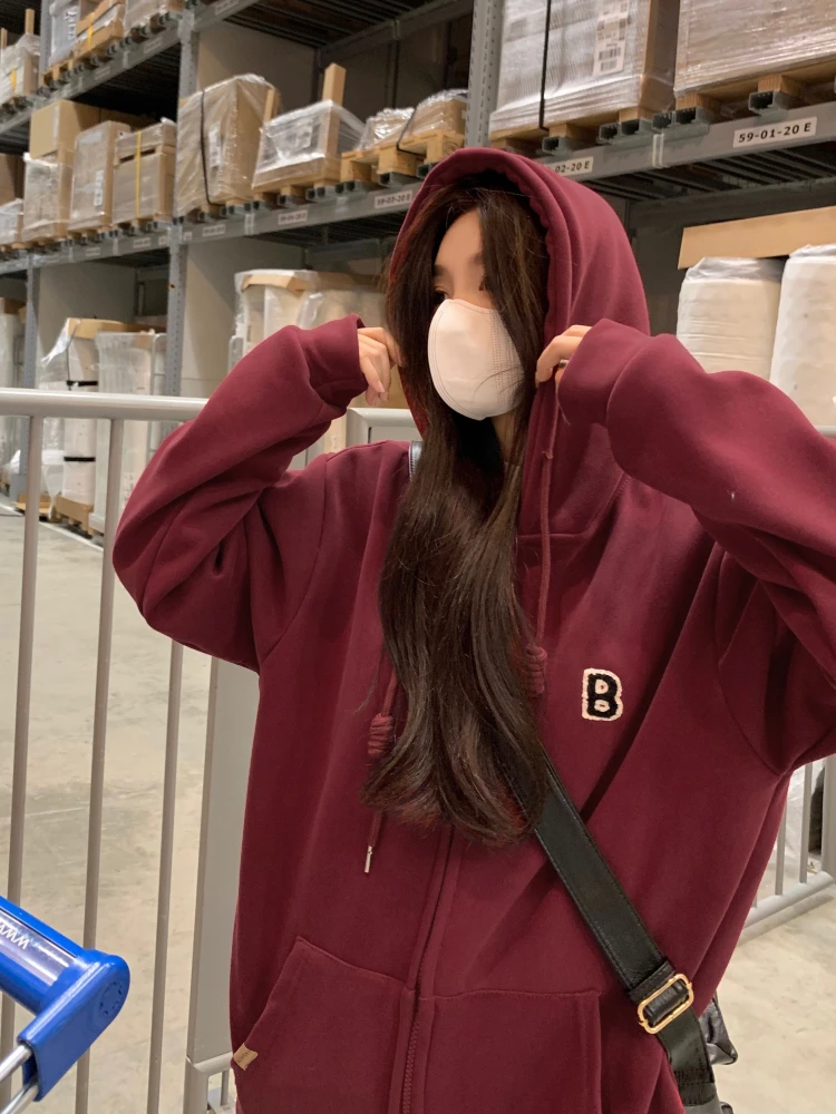 Schwere reine Baumwolle weinroter Kapuzenpullover Jaet Damen locker sitzende Thiened Kapuzenreißverschluss offene Strickjacke Herbst Winter Neu A...