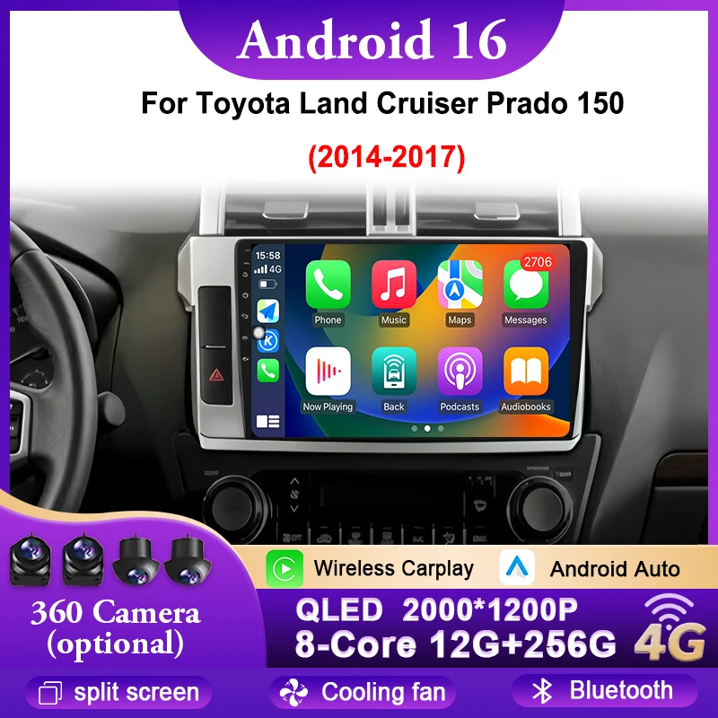 Android 16 For Toyota Land Cruiser Prado 150  2014 - 2017 2K QLED Android Car Radio Multimedia Video Player GPS Stereo CarPlay