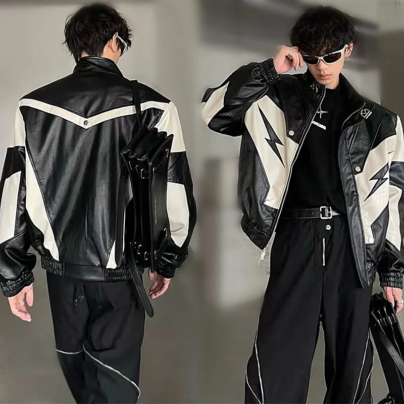 Lightning Y2k Jacket Motorcycle PU Leather Overcoat Autumn Female Vintage Zipper Lapel Bicycle Cool Personal Street Oversize Top
