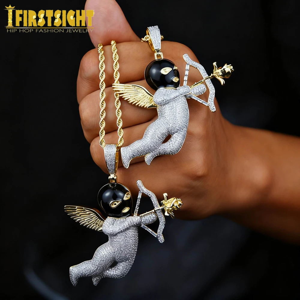 New Design Bow Arrow Shape Pendant Necklace Two Tone Color Iced Cubic Zircon Goddess Of Love Charm Men\'s Women Hip Hop Jewelry