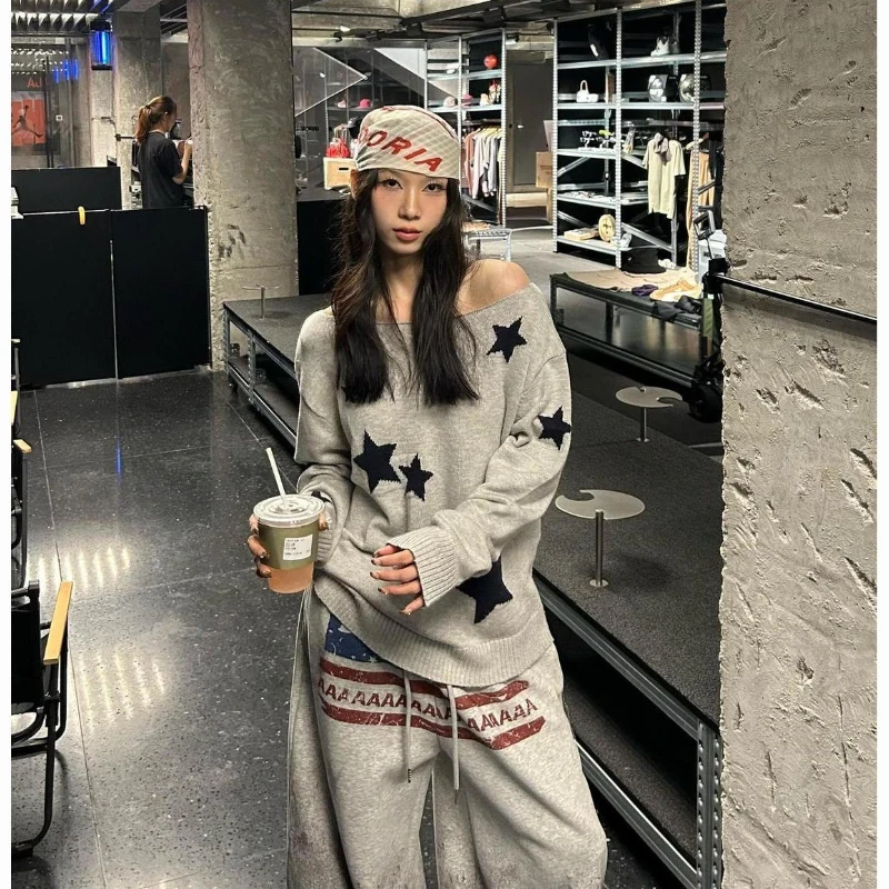 

Deeptown Vintage Y2k Star Sweater Women Gray Off Shoulder Knitted Pullover Retro Oversize Autumn Winter Fashion Sweaters Street