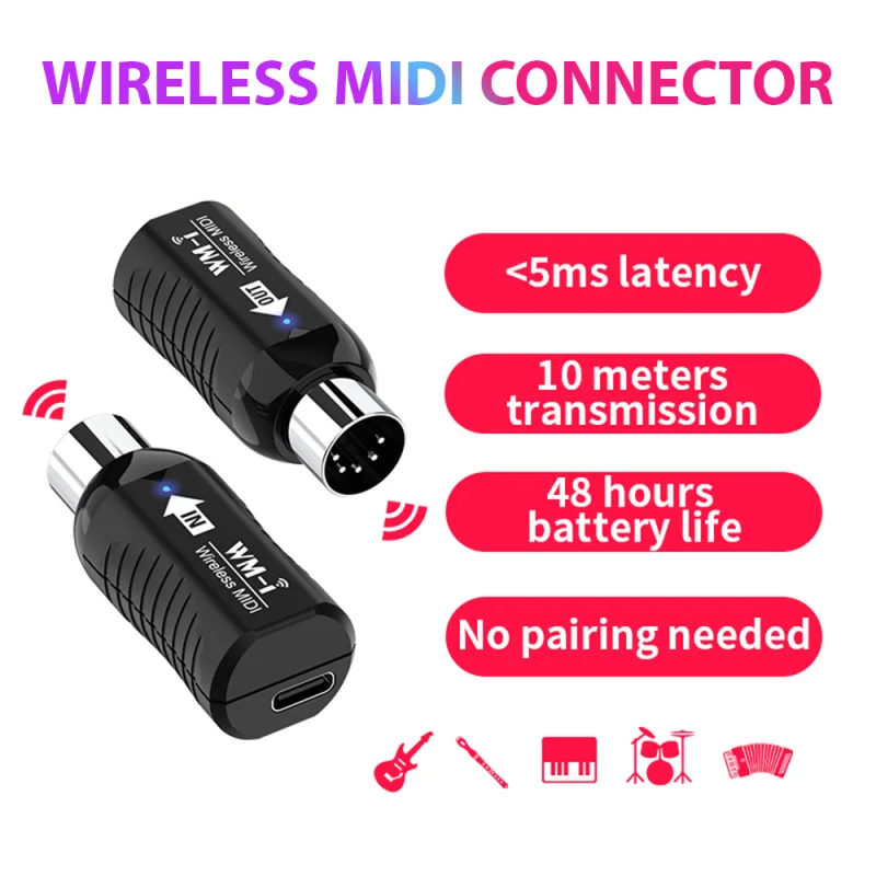 Wireless MIDI Adapter Rechargeable Audio Transmitter Receiver 2.4GHz Ultra-Low Latency Built-in Silent Portable MIDI Connector