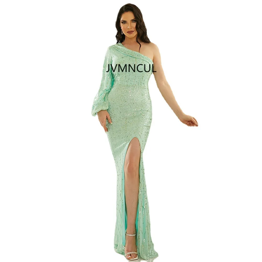 Elegante 2025, grensoverschrijdende Europese en Amerikaanse feestjurk, sprankelende lange avondjurk met lovertjes, enkele mouw en sexy