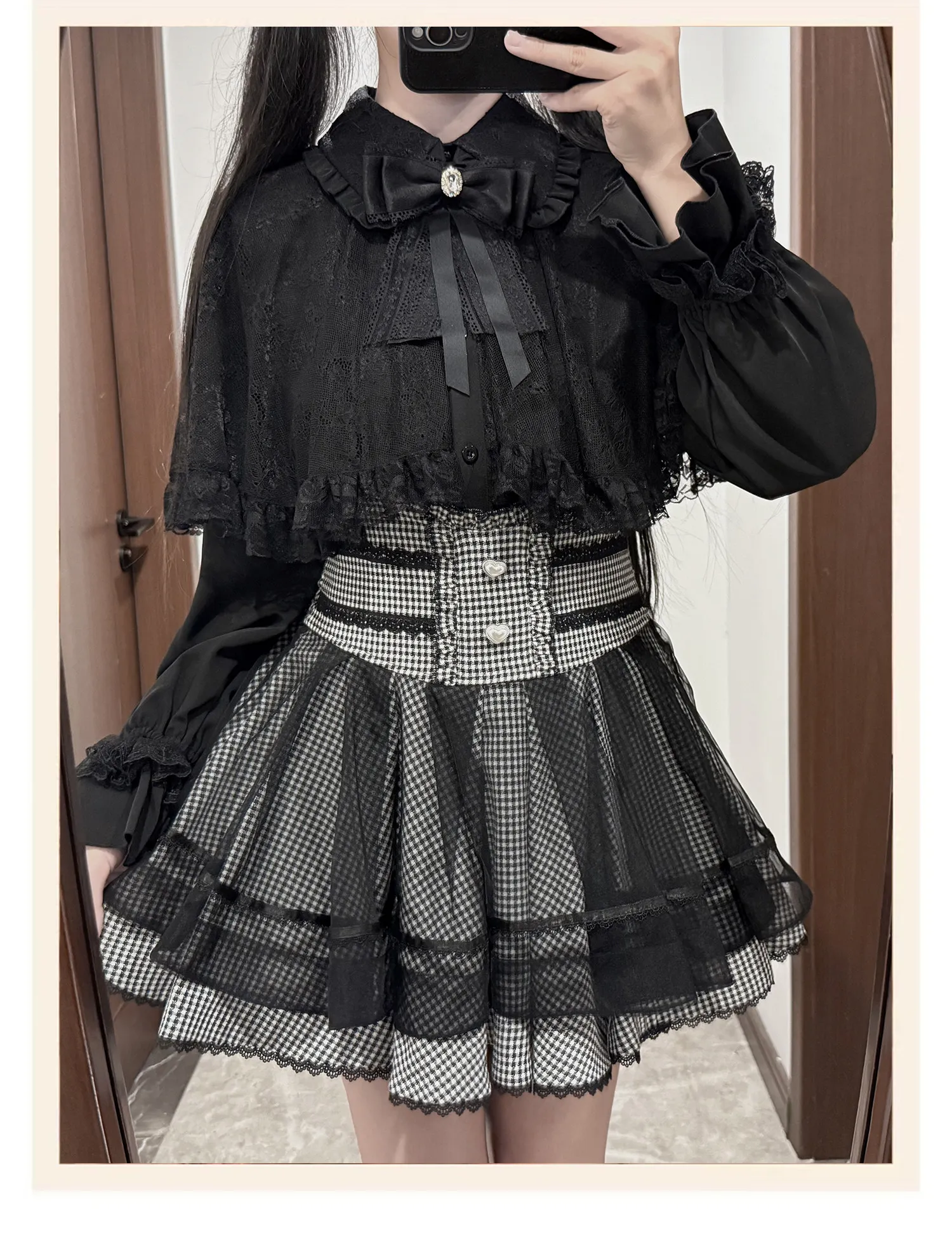 Japanese Style Sweet Cute Lace Short-sleeved Long-sleeved Lace Bow Blouse or Long Short Skirt
