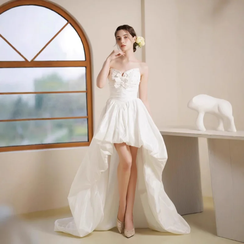 

Foreign Trade Dress Real Shot Strapless Slimming Princess Sweet Front Short Back Long Lawn Gauze Travel Shoot