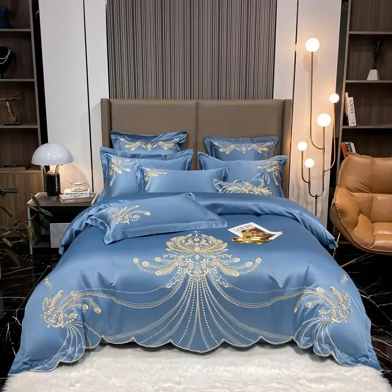 

Bedding Set Luxury Blue Satin Home Textile Gold Feather Embroidery Duvet Cover Cotton Bed Sheet Pillowcases Mattress Cover