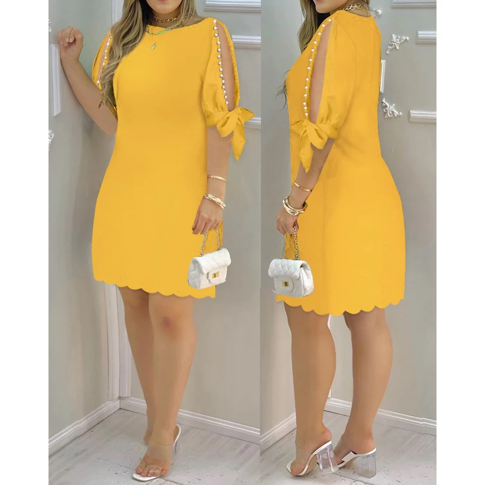 

Woman Pearls Decor Round Neck Three Quarters Black Dresses Femme Summer Split Sleeve Casual Dresses Korean Dresses for Women