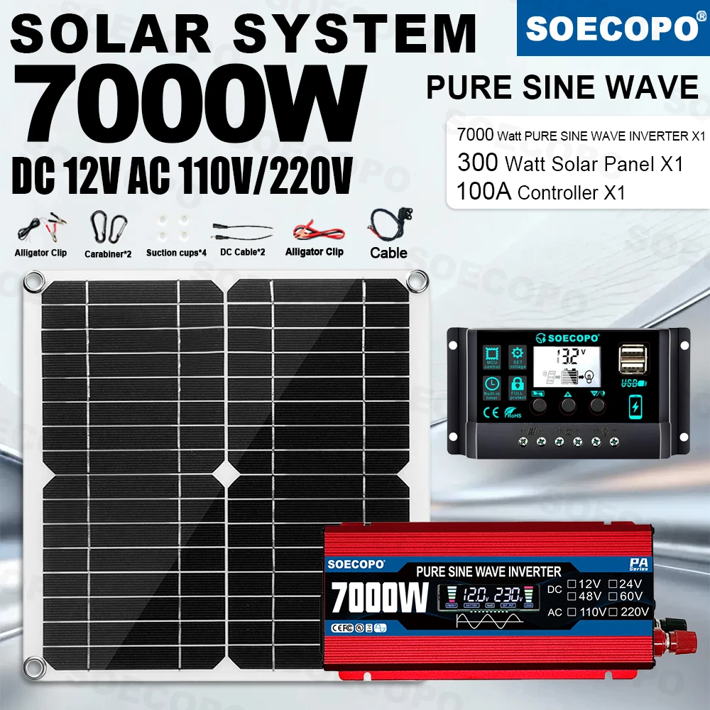 High Conversion Pure Sine Wave Inverter 7000W Solar Kit 100A Controller DC12V to AC110/220V 300W Panel for Home Outdoor Caravan