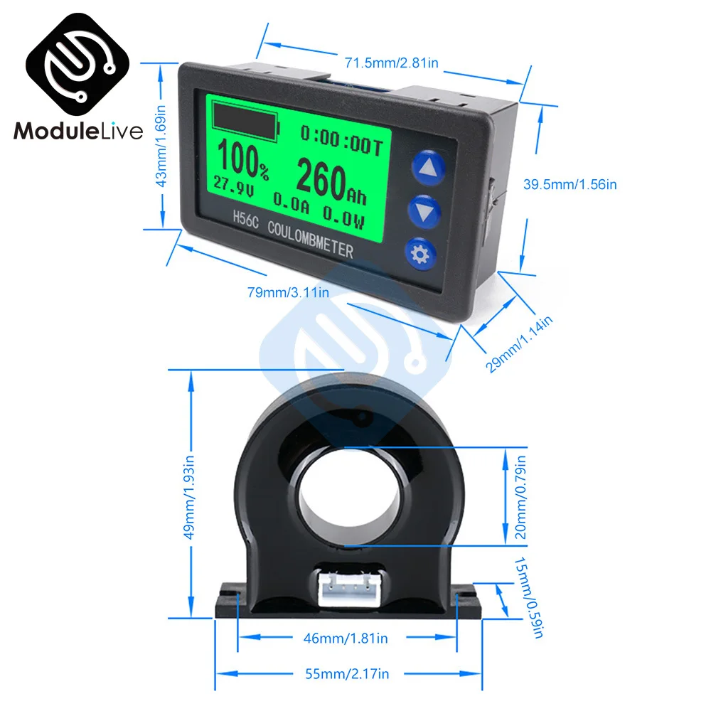 H56CH LCD Digital Hall Coulomb Meter Voltage Current Power Meter Display DC 9-100V 50A 100A 200A 300A 400A Car Voltmeter Ammeter