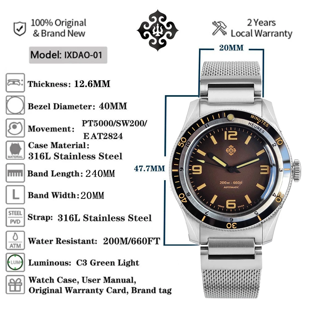 2023 NEW IXDAO Men Mechanical Automatic GMT Watch IPOSE Retro 40mm SW200 Luxury Casual AR Coating Diving Sports 200m Waterproof