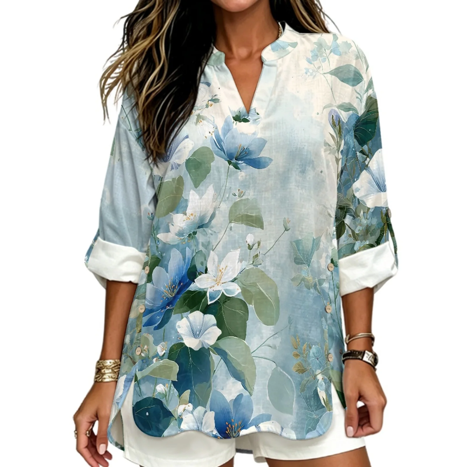 PENSTROLL Blue Floral Linen Like Casual Shirts Casual Fit Long Sleeve Blouses for Women Sizes S-5XL
