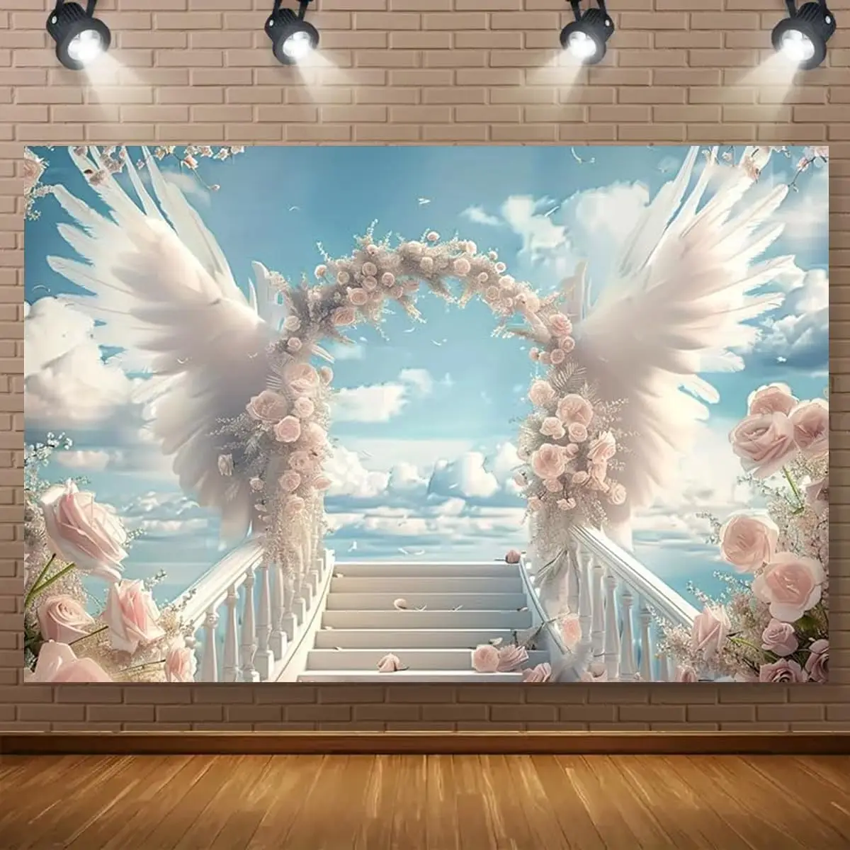 Elegant Fantasy Floral Tapestry Backdrop with Swan Wings Archway Dreamy Staircase Wedding Photo Booth Home Decor Polyester